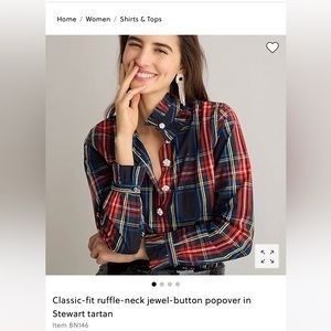 Classic-fit ruffle-neck jewel-button popover in Stewart tartan Size 4 NWT